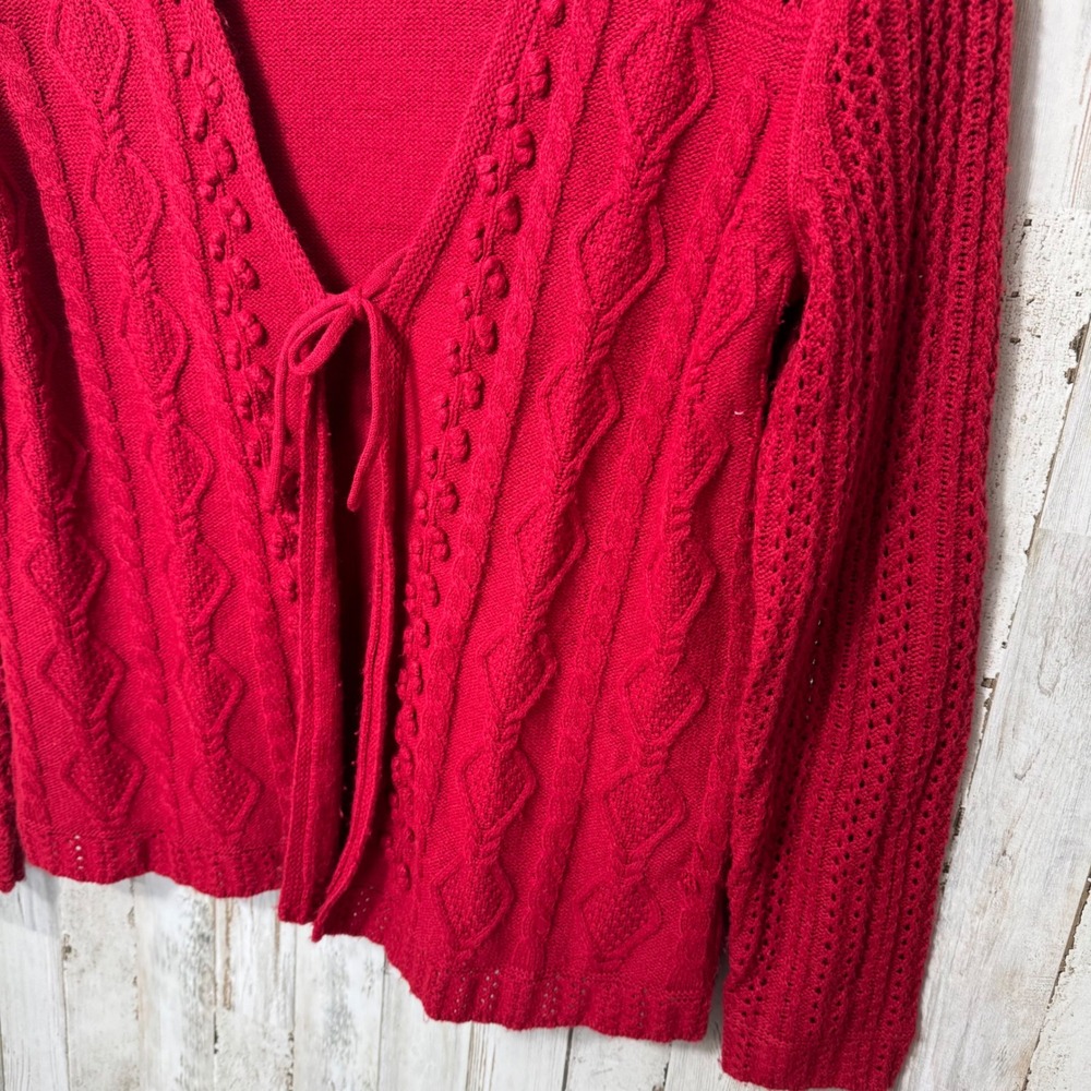 Vintage 90s Grandma Red Knit Acrylic Tie Front Cardigan Sweater Womens‎ Medium - Picture 2 of 5